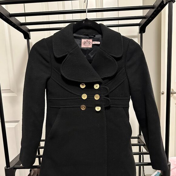 Juicy Couture Black Wool Overcoat with Gold Button - Picture 1 of 5